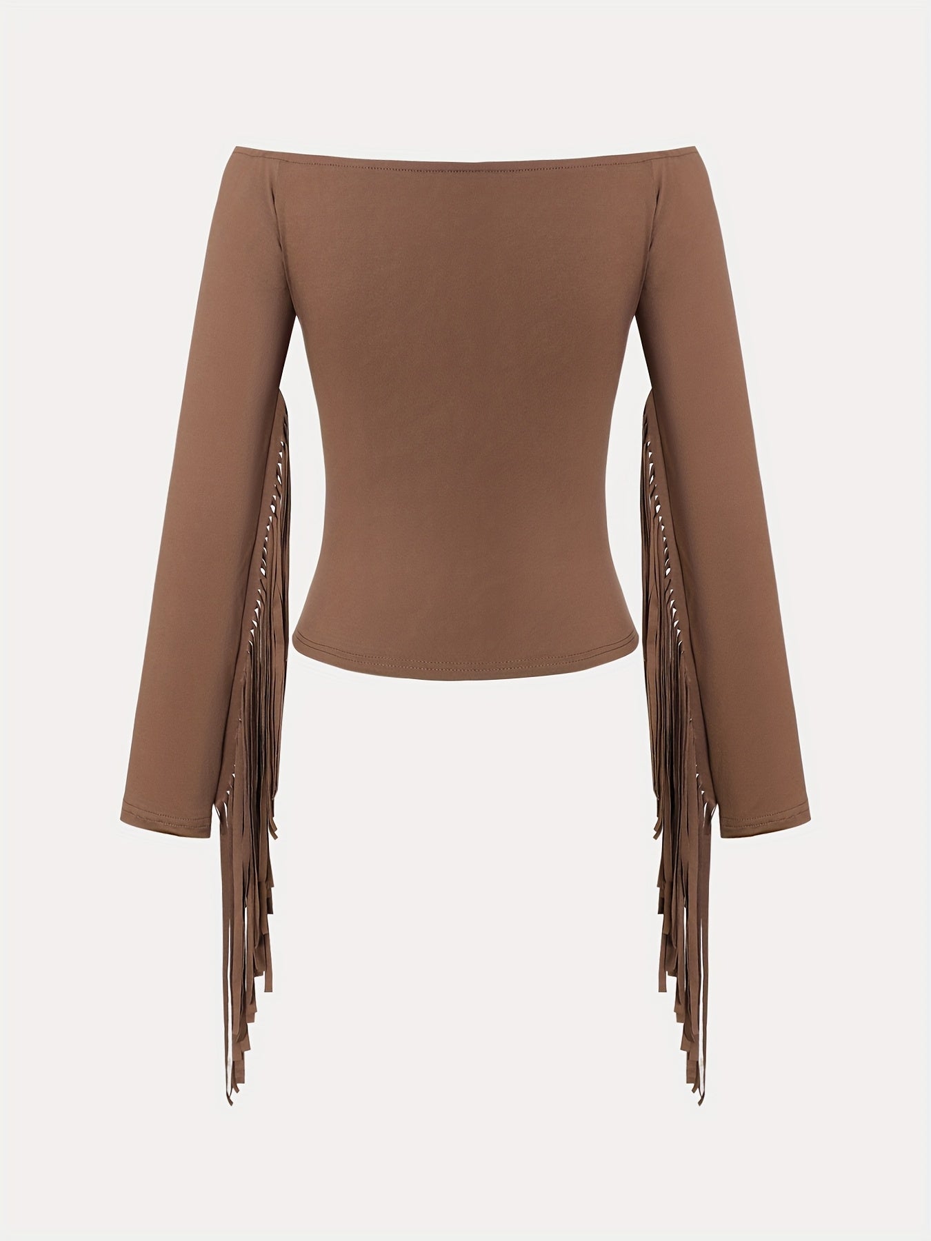 Vintage Western Tassel Off-Shoulder Blouse for Women - Stretchy Polyester, Long Sleeve, Rustic Brown, Country Style, Machine Washable